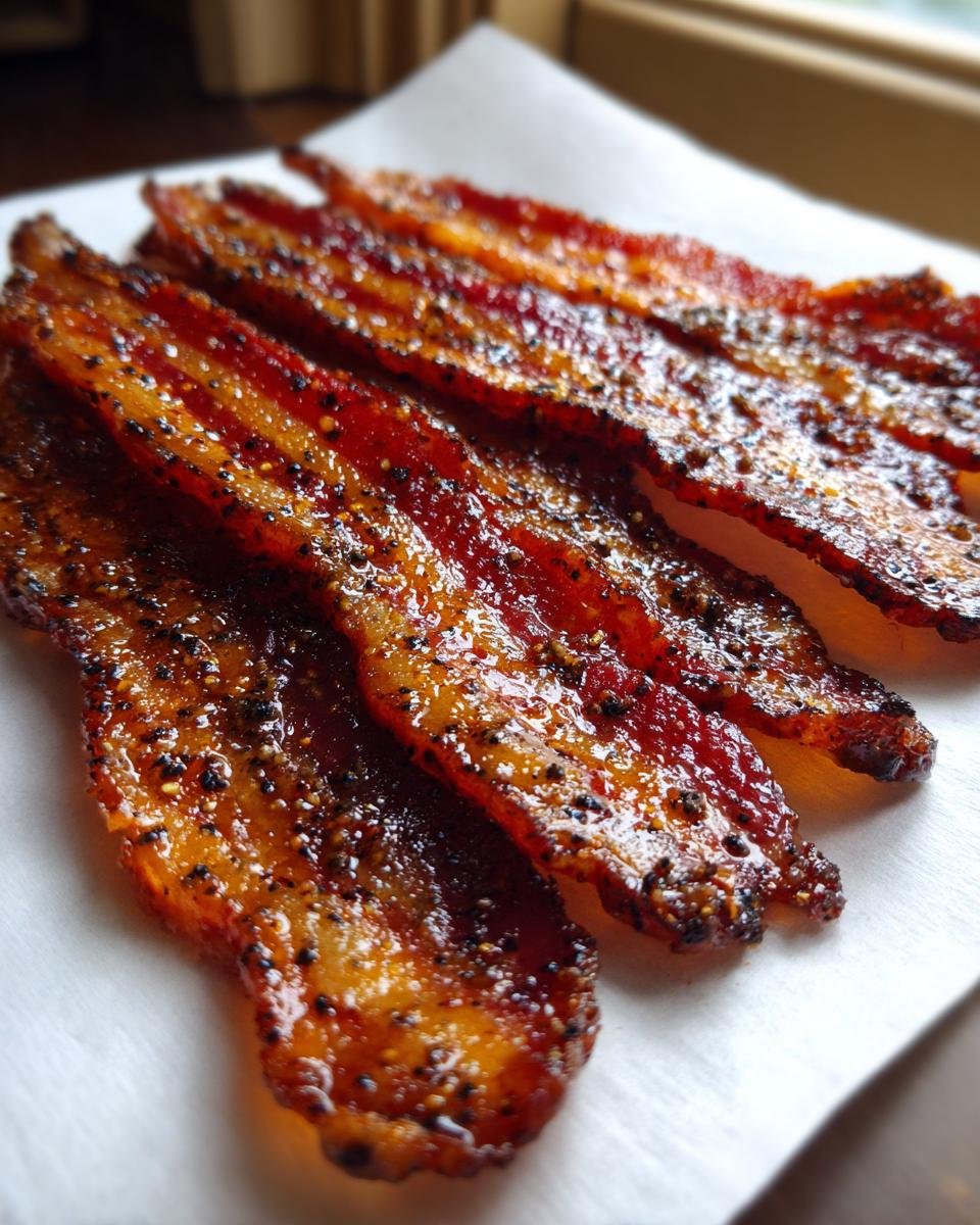 Close-up of several strips of glistening, peppery candied bacon cooling on white parchment paper.
