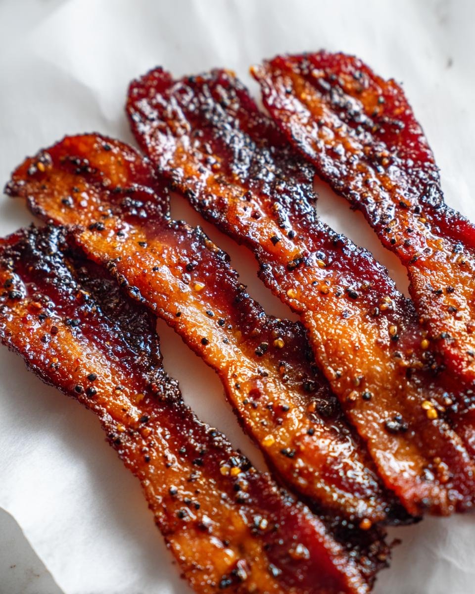 Four strips of sticky, glazed candied bacon sprinkled with pepper, fresh from the oven.