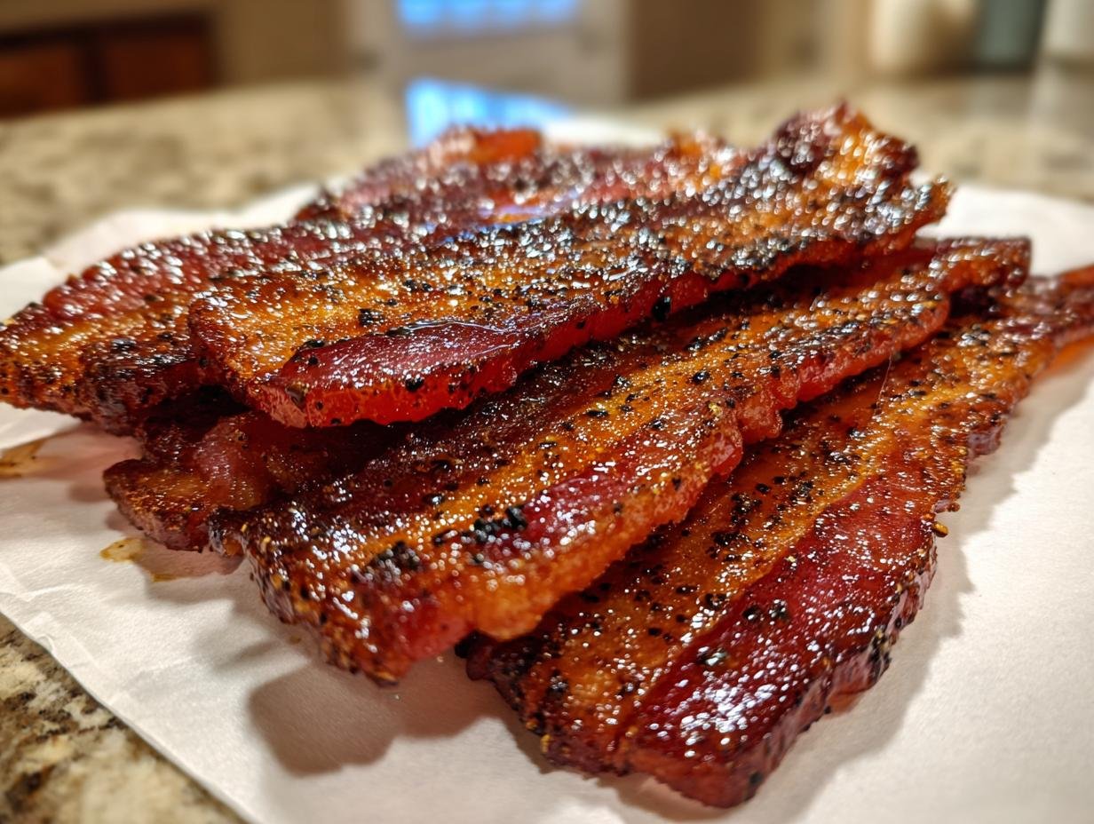 Close-up of shiny, thick-cut candied bacon strips stacked on a paper towel, ready to eat.