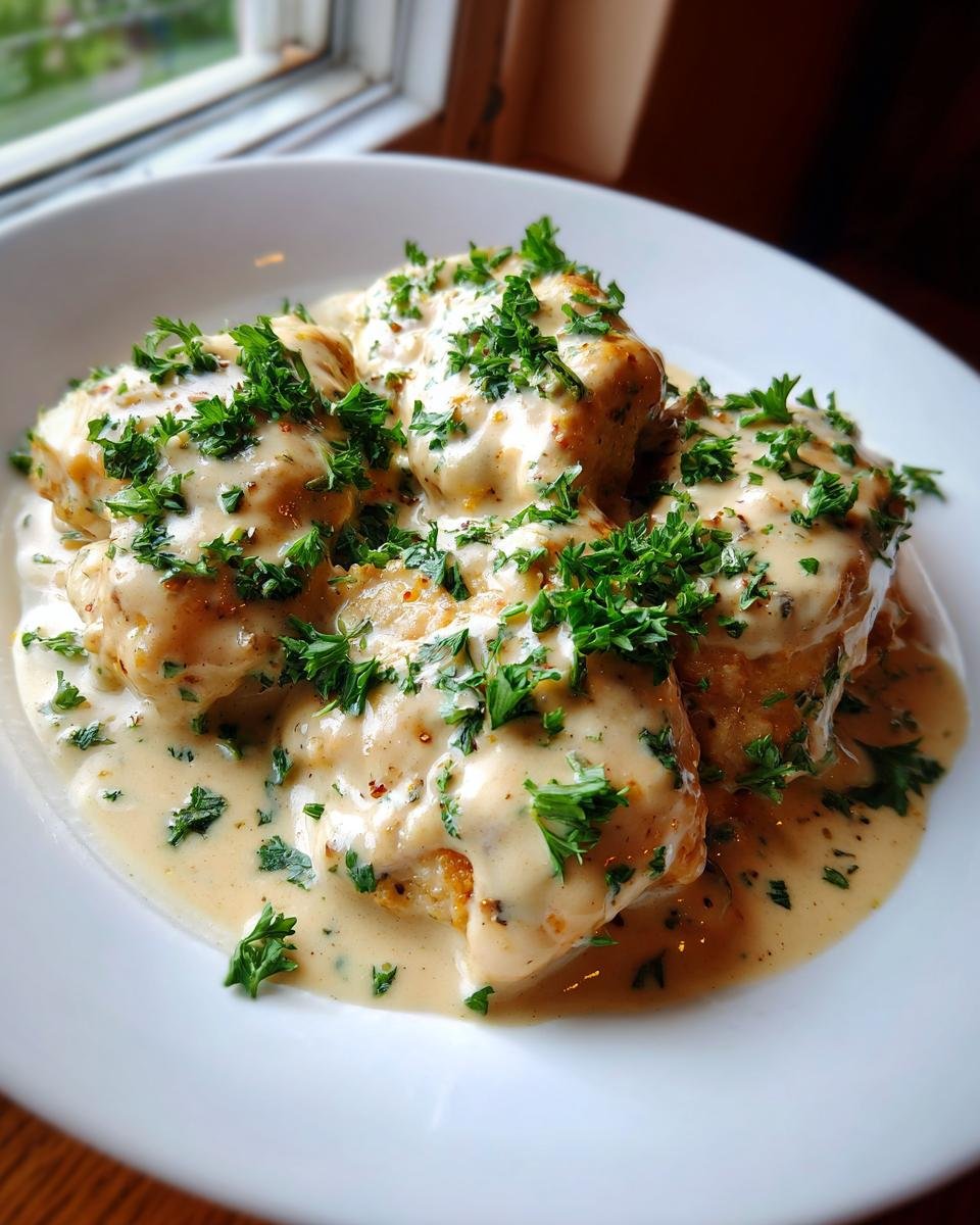 Close-up of tender chicken pieces smothered in rich whiskey cream sauce and topped with fresh parsley.