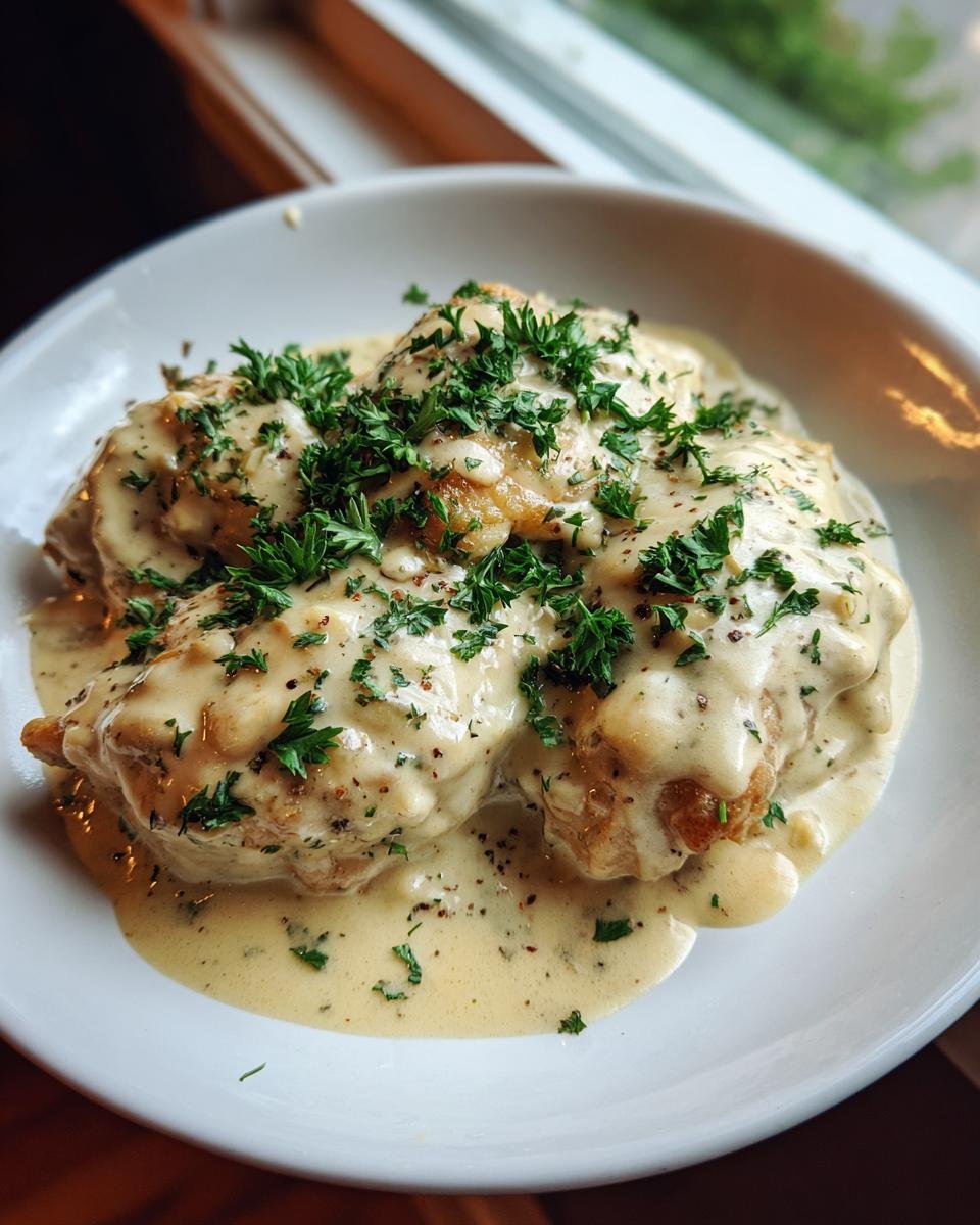 Two pieces of golden chicken smothered in rich whiskey cream sauce and topped with fresh parsley.