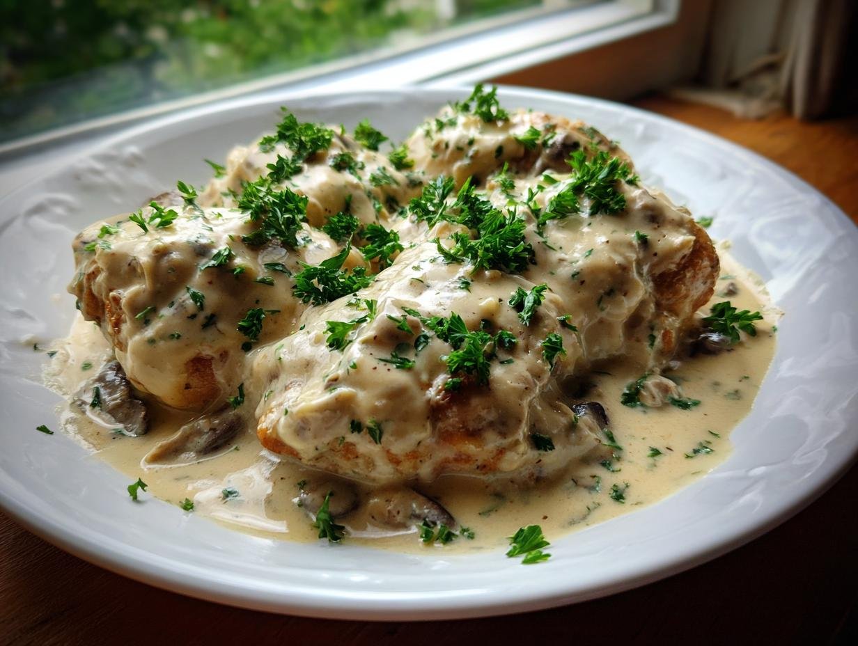Three portions of Irish Chicken in Whiskey Cream Sauce Delight smothered in creamy mushroom sauce and topped with fresh parsley.