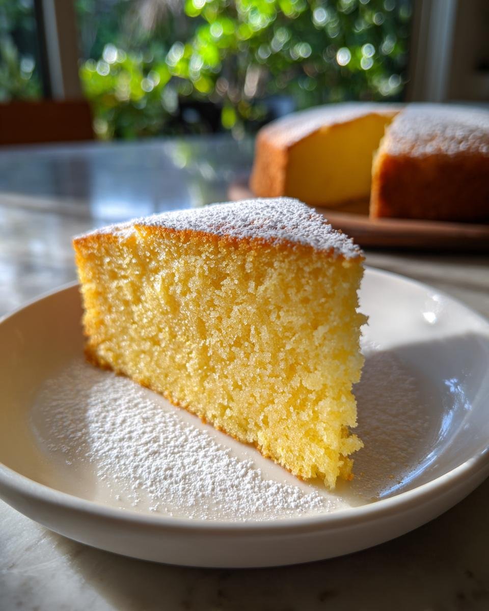 A close-up slice of moist Irresistible Almond Ricotta Cake dusted with powdered sugar on a white plate.