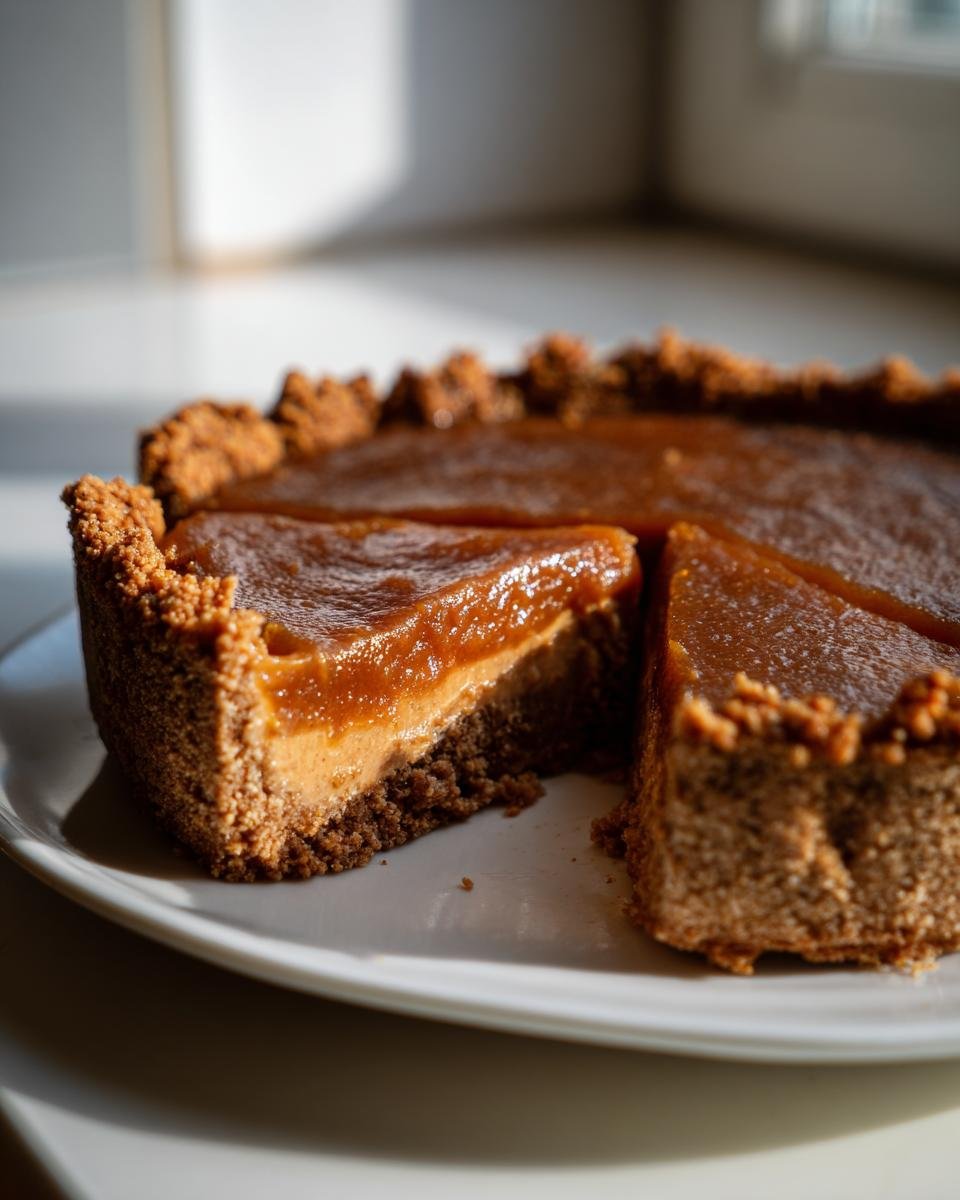 A slice cut from the Irresistible Apple Butter Pie, showing the thick apple butter filling and Biscoff cookie crust.