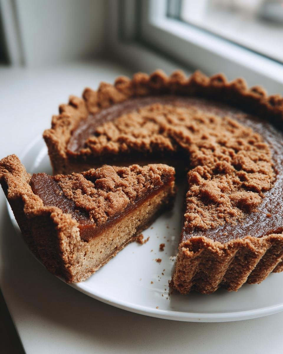 A slice cut from an Irresistible Apple Butter Pie with a thick Biscoff cookie crust and crumble topping.