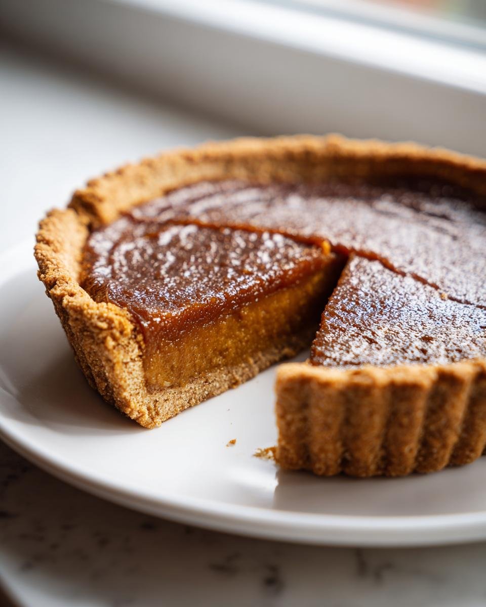Close-up of an Irresistible Apple Butter Pie with Biscoff Cookie Crust, showing a slice removed.