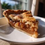 A close-up of a thick slice of Irresistible Apple Butter Pie with a flaky, golden crust and rich filling.