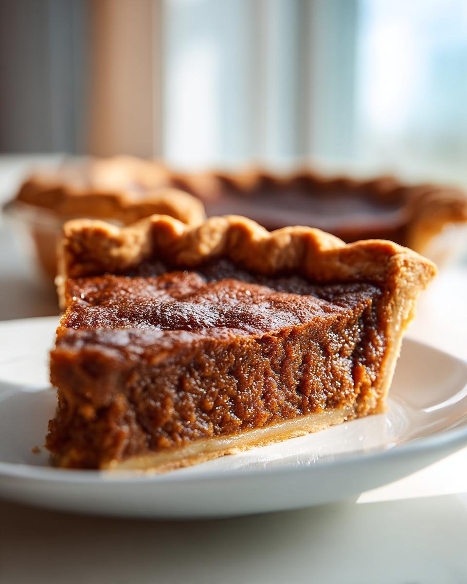Close-up of a rich, dark slice of Irresistible Apple Butter Pie on a white plate, showing a flaky crust.