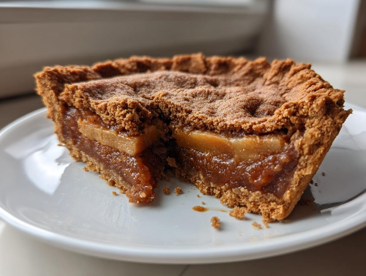 Close-up of a slice of Irresistible Apple Butter Pie showing the thick apple butter filling and Biscoff cookie crust.