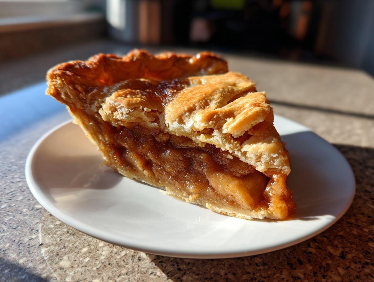 A golden-brown slice of Irresistible Apple Butter Pie with flaky crust, served on a white plate in bright sunlight.