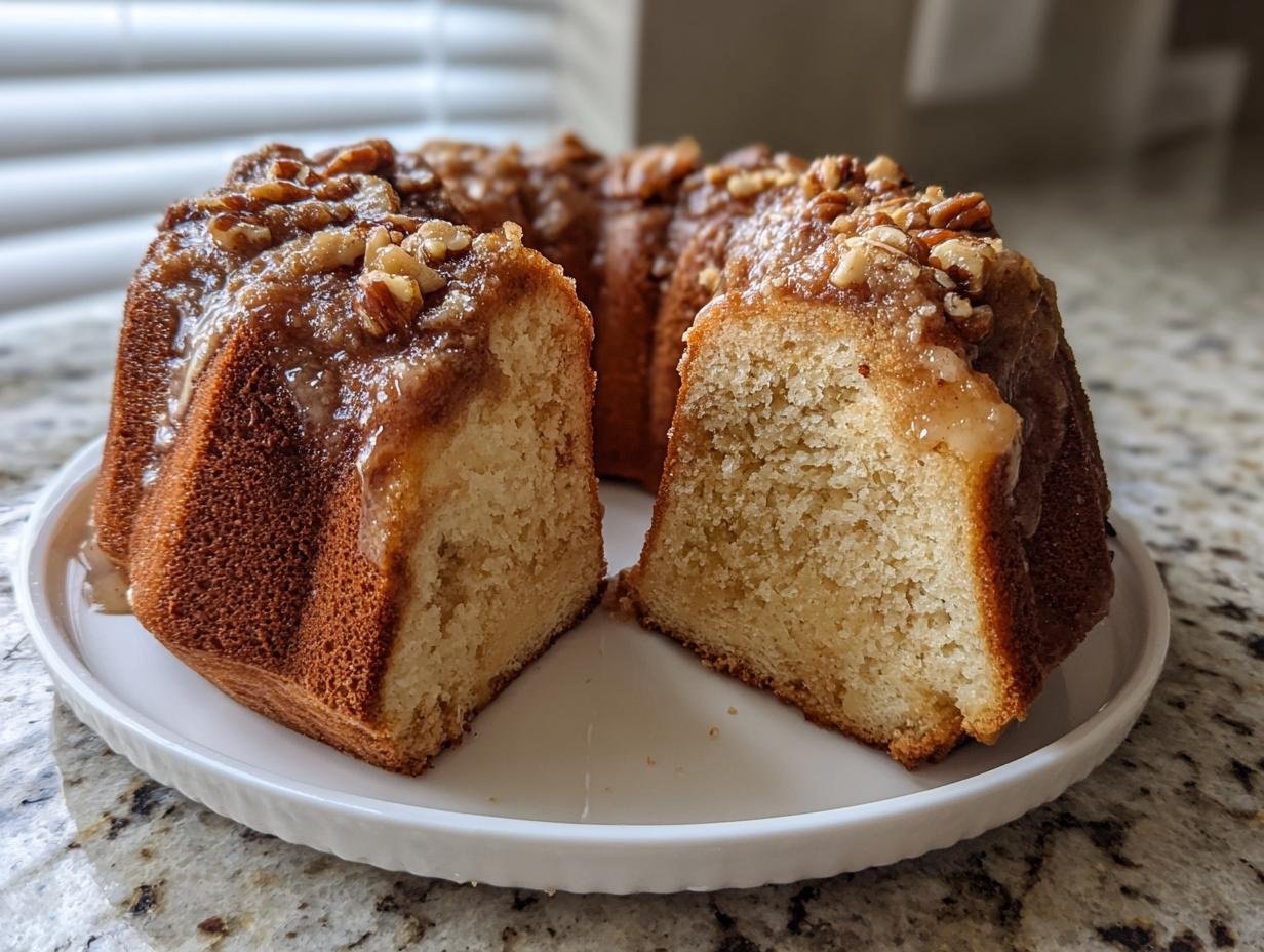 A slice cut from an Irresistible Apple Cider Cake, showing the moist crumb and pecan topping.