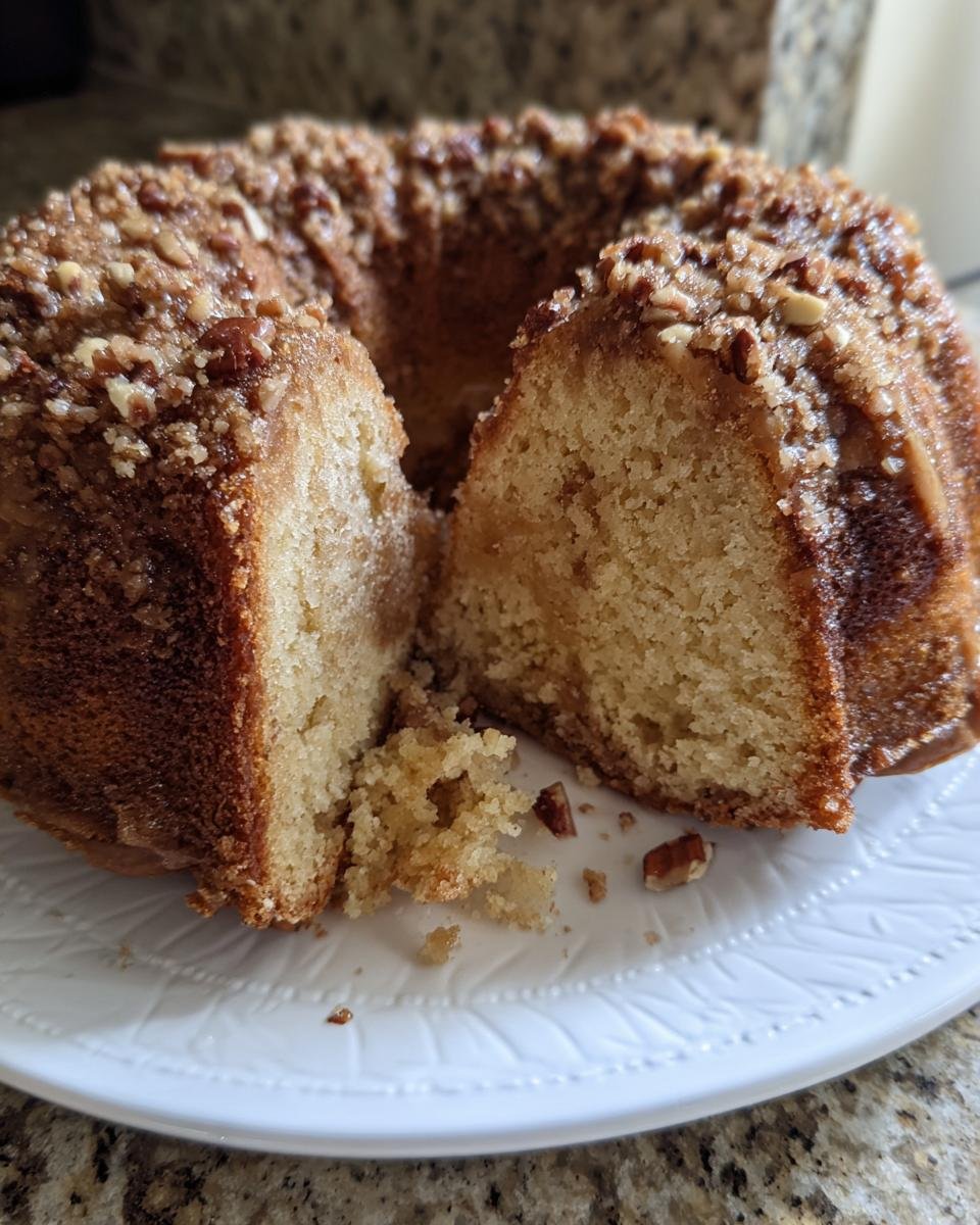 A slice cut from an Irresistible Apple Cider Cake, showing the moist crumb and pecan streusel topping.