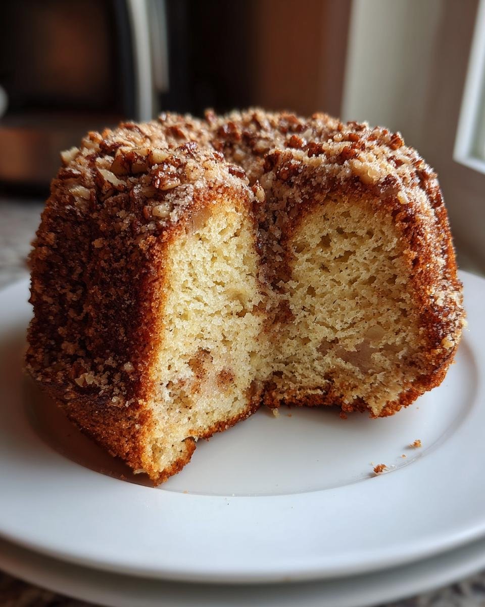 A slice removed from an Irresistible Apple Cider Cake, showing the moist crumb and pecan streusel topping.