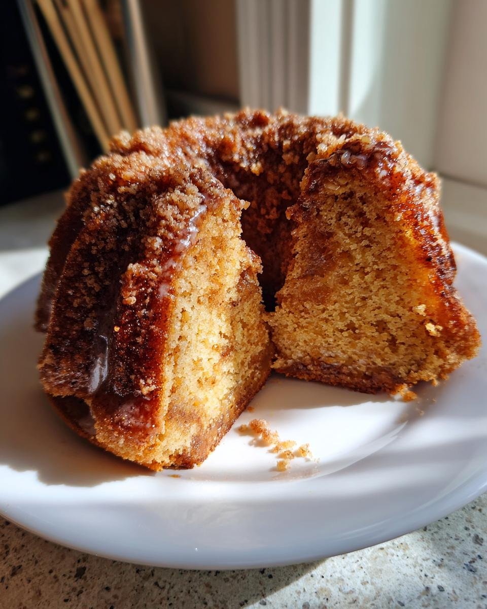 A slice cut from an Irresistible Apple Cider Cake, showing the moist interior and sugary, glazed crumb topping.