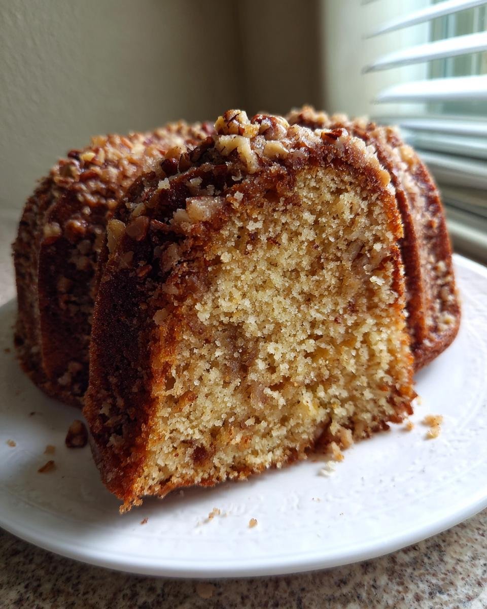 A slice cut from an Irresistible Apple Cider Cake, topped generously with chopped nuts, resting on a white plate.