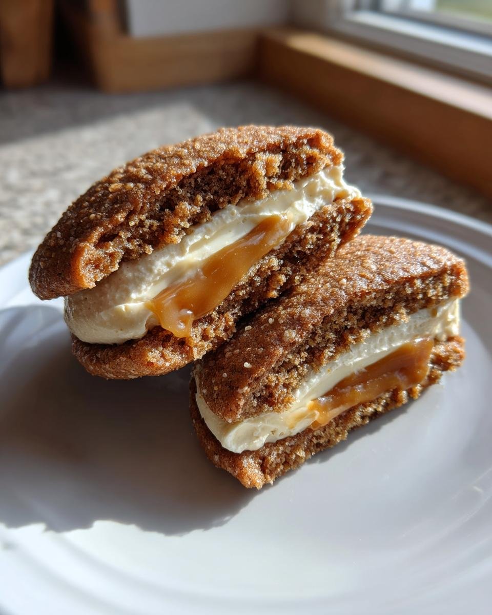 Two halves of an Irresistible Apple Cider Whoopie Pie Cookie showing the spiced cake and creamy filling with dripping caramel.