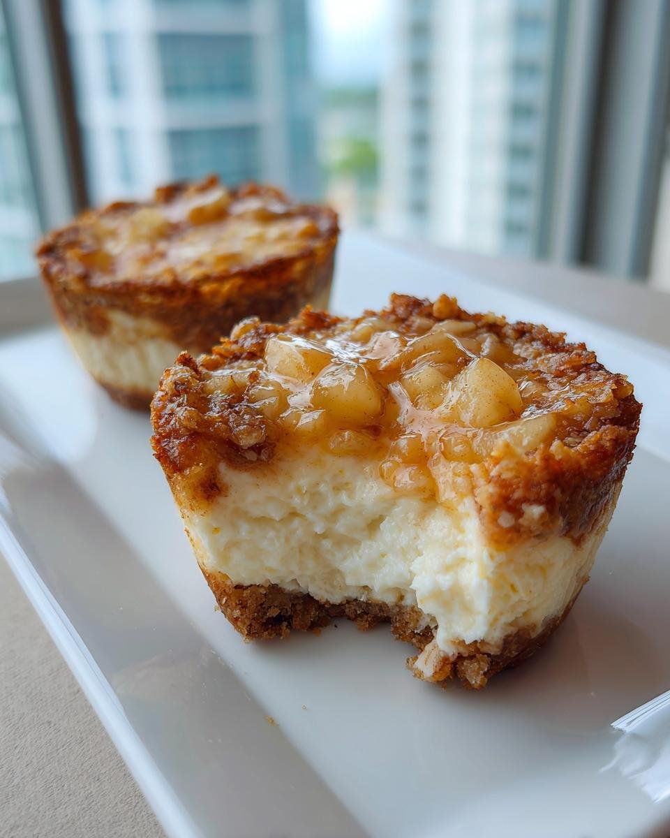 Close-up of an Irresistible Apple Crisp Mini Cheesecakes with a bite taken out, showing creamy filling and apple topping.