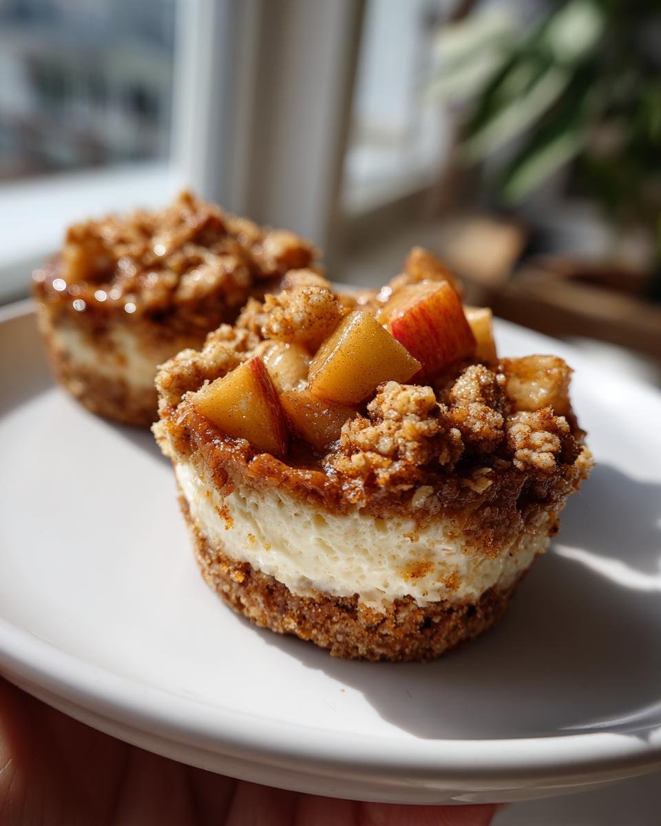 Close-up of an Irresistible Apple Crisp Mini Cheesecakes featuring a graham cracker crust, creamy filling, and spiced apple crumble topping.