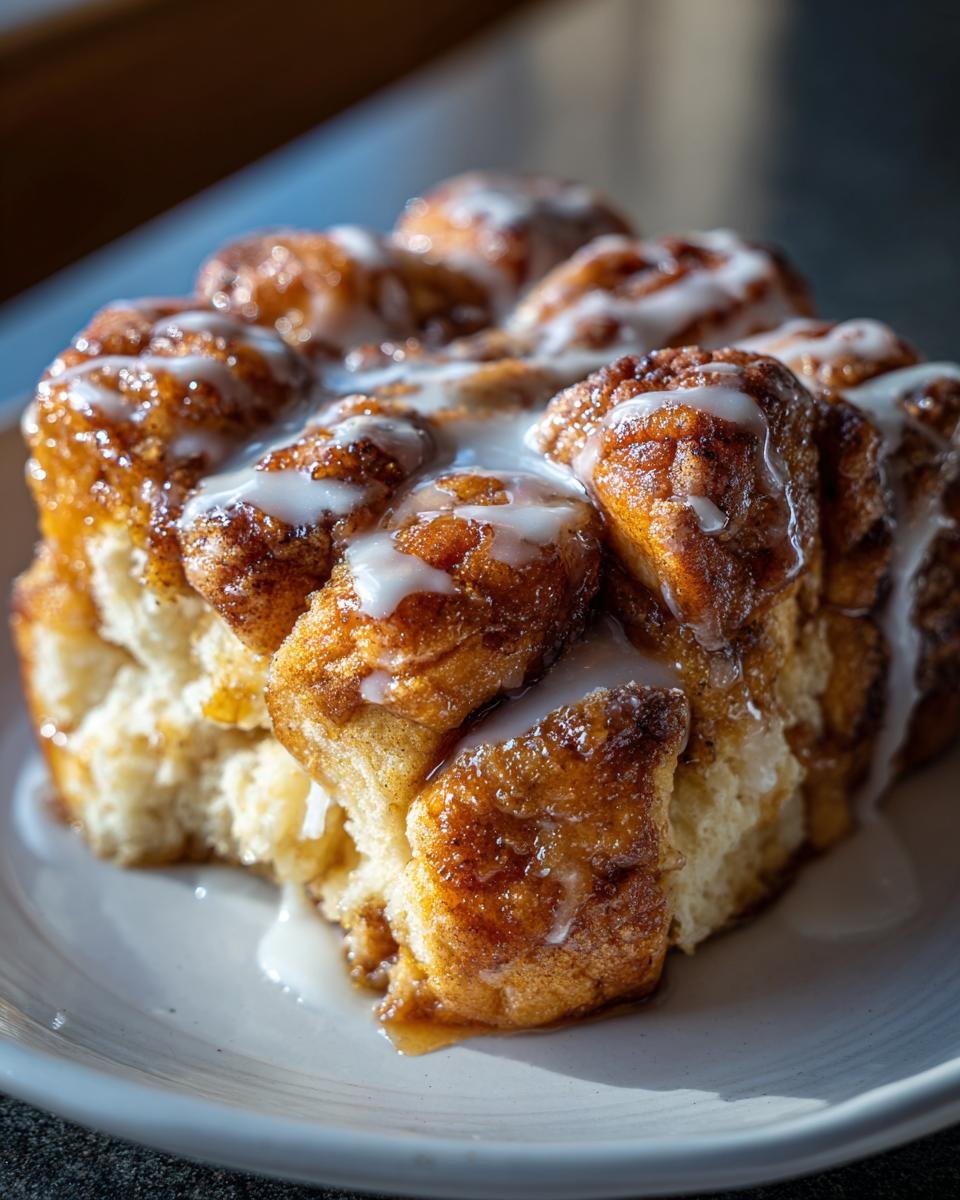 Close-up of warm, gooey Irresistible Apple Fritter Monkey Bread drizzled with white icing.