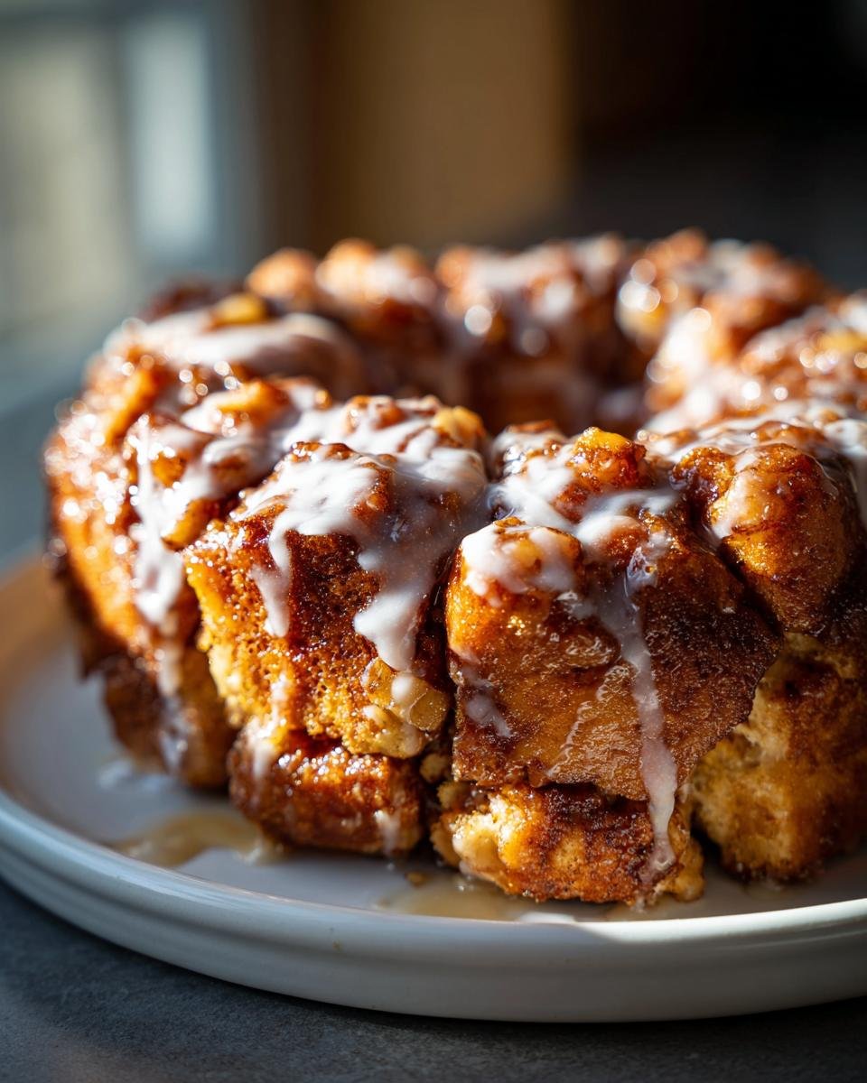 A golden brown Irresistible Apple Fritter Monkey Bread, covered in sticky caramel and white icing, served on a white plate.