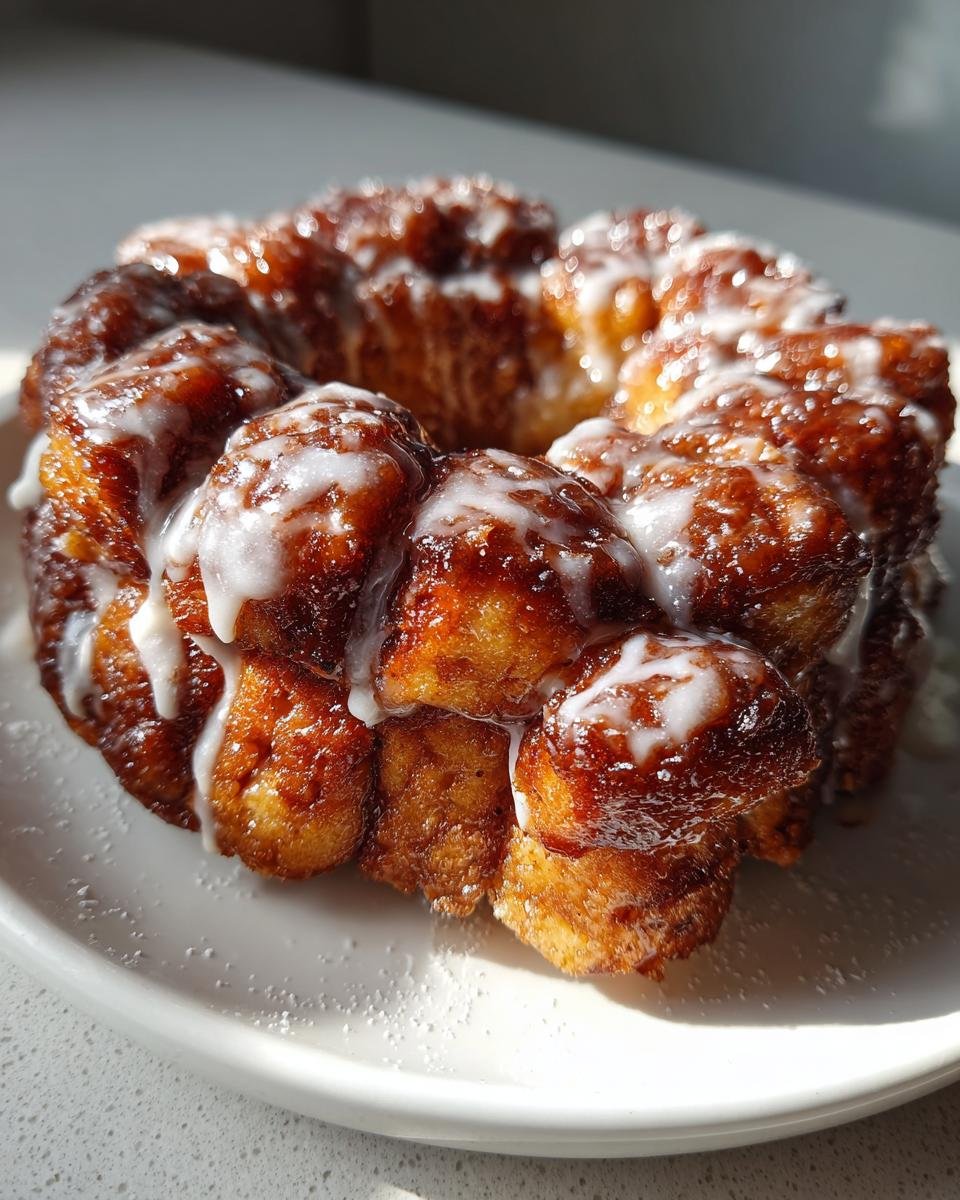 A close-up of Irresistible Apple Fritter Monkey Bread, baked in a bundt shape and covered in sticky caramel glaze and white icing.