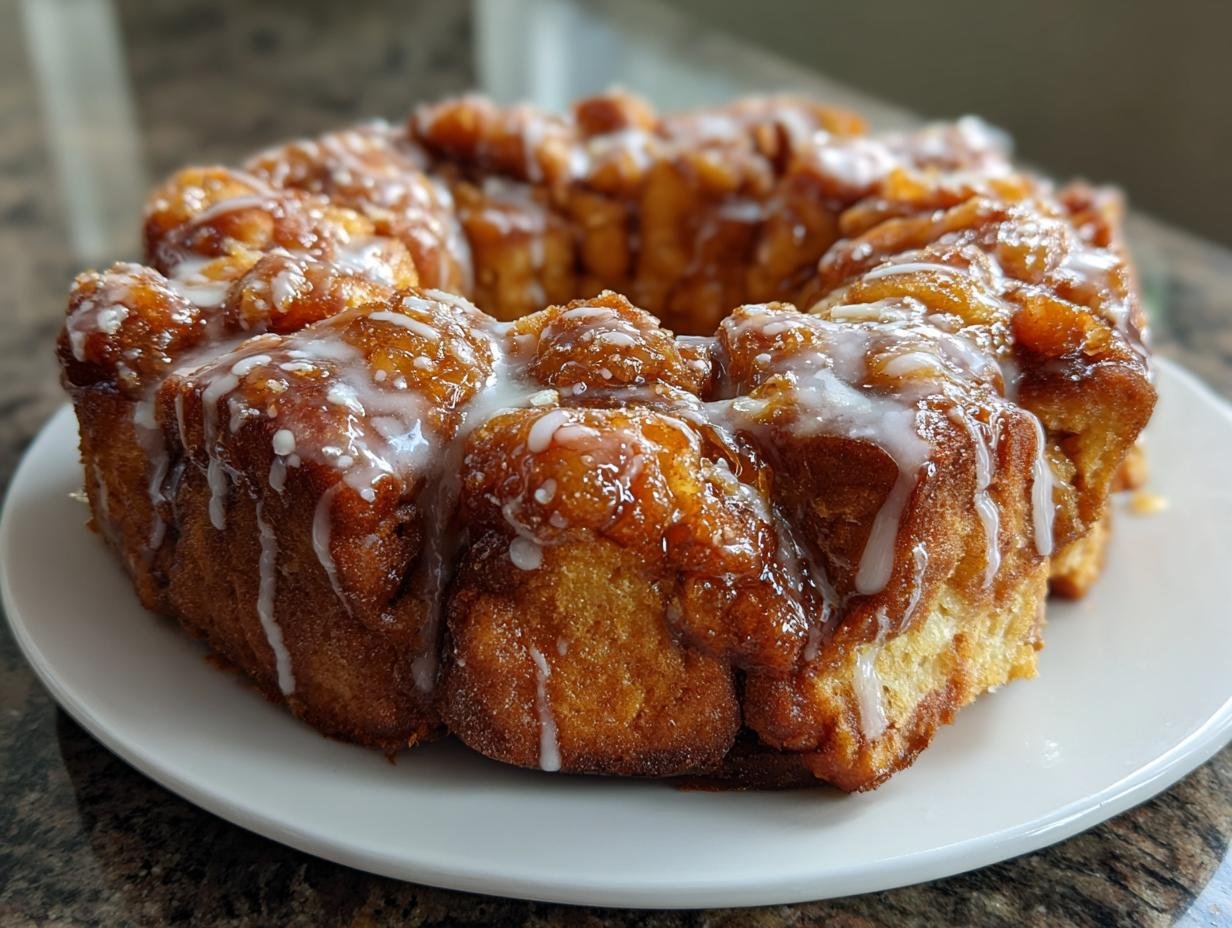 A freshly baked, golden brown Irresistible Apple Fritter Monkey Bread drizzled generously with white vanilla icing.