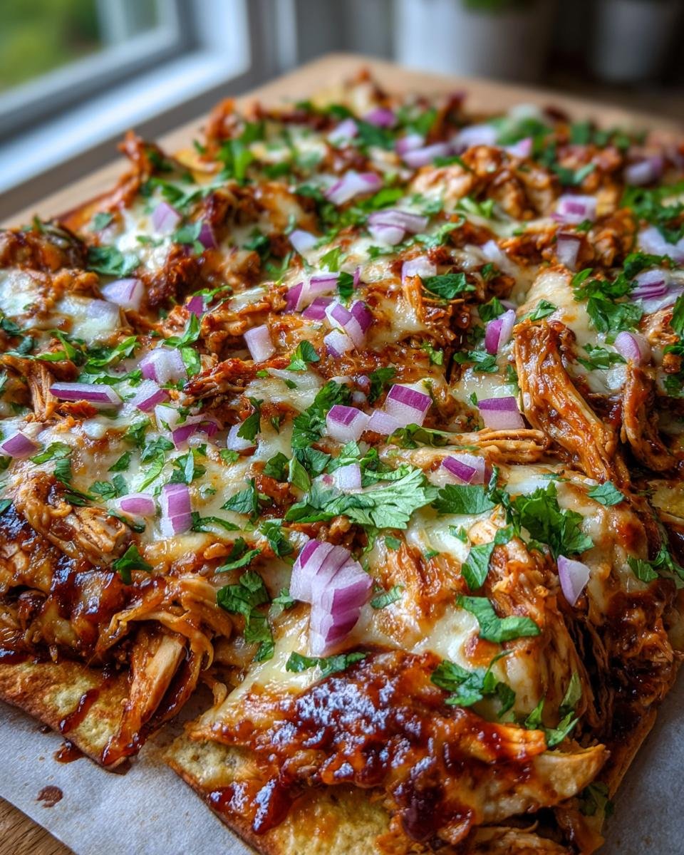Close-up of Irresistible BBQ Chicken Sheet Pan Nachos topped with melted cheese, red onions, and cilantro.