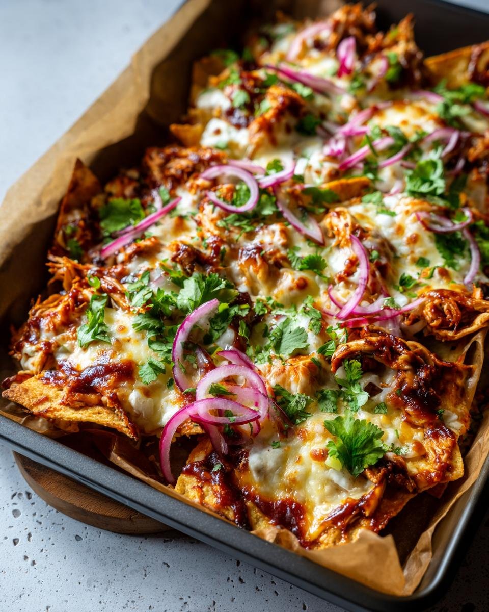 Melted cheese, BBQ sauce, and pulled chicken top a tray of Irresistible BBQ Chicken Sheet Pan Nachos, garnished with red onion and cilantro.