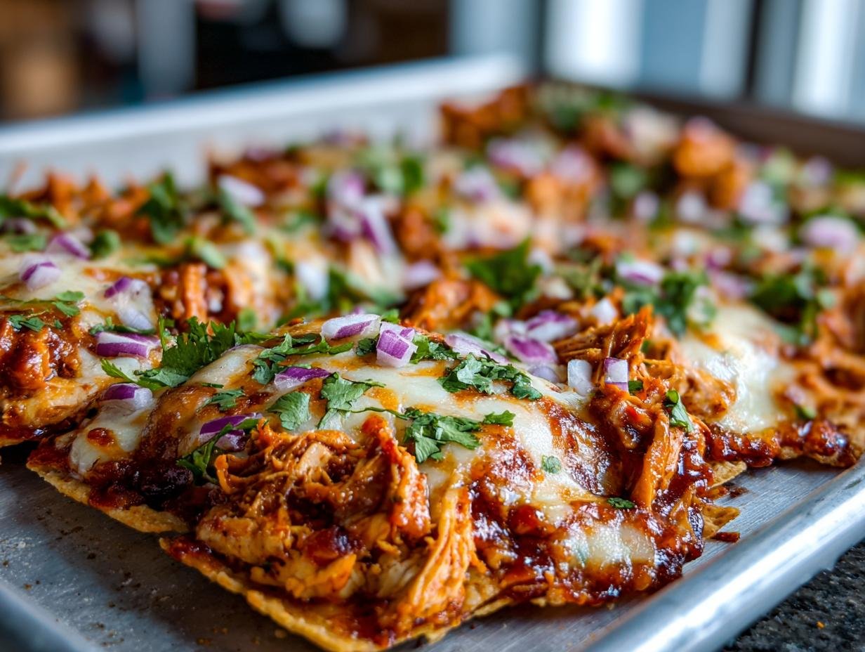 Close-up of cheesy, saucy BBQ chicken on tortilla chips, topped with red onion and cilantro for Irresistible BBQ Chicken Sheet Pan Nachos Recipe.