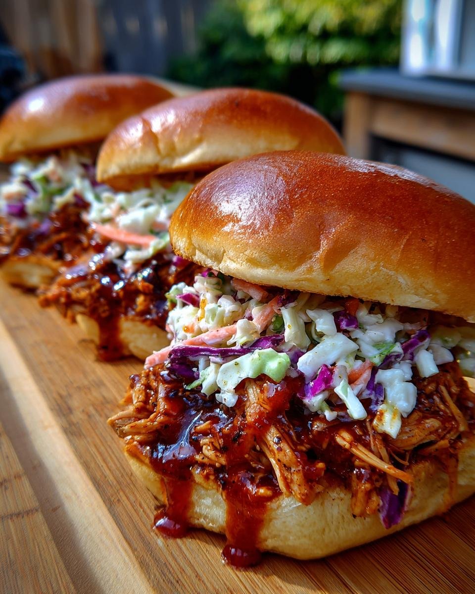 Close-up of three Irresistible BBQ Chicken Sliders stacked high with saucy chicken and colorful coleslaw on a wooden board.