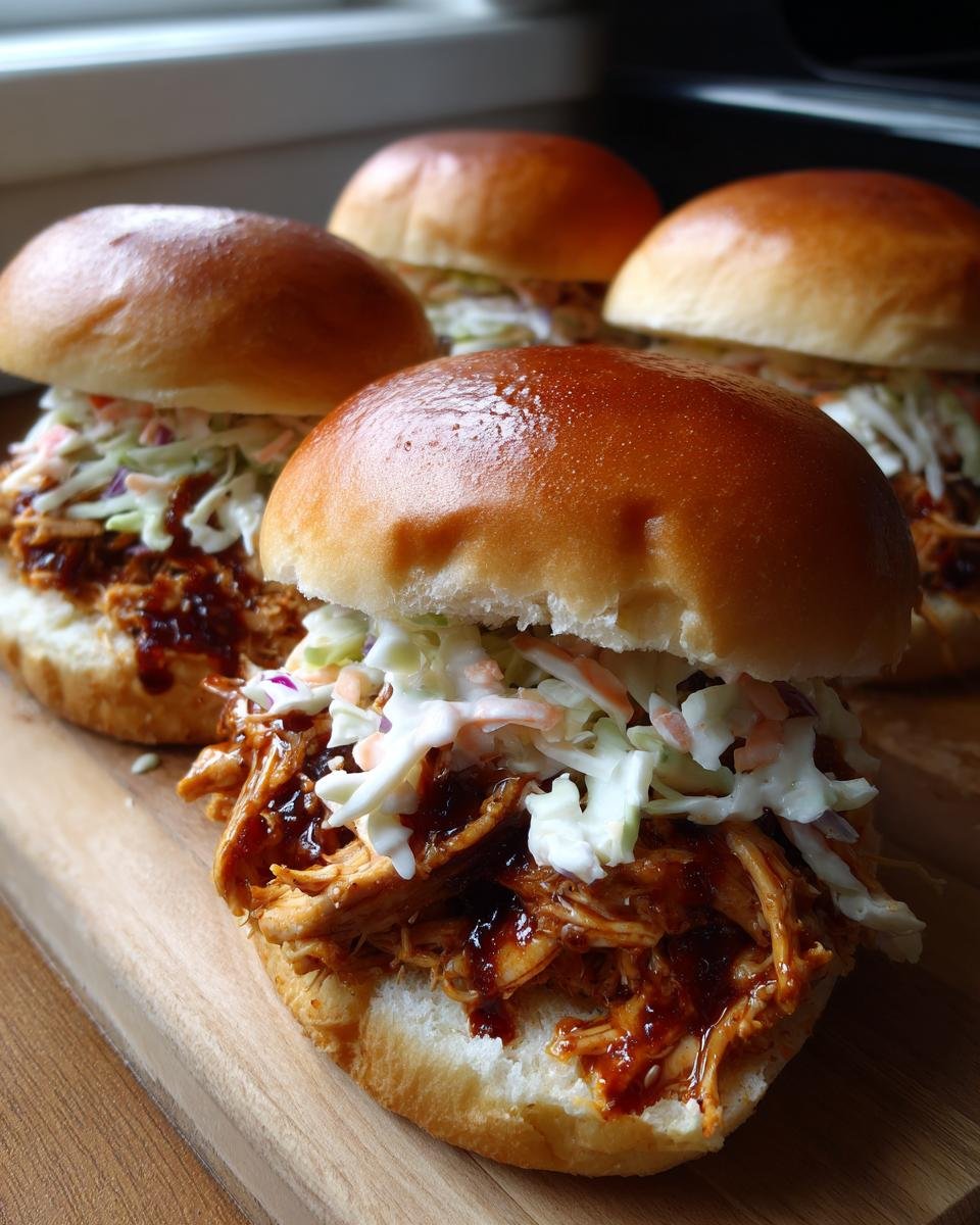 Close-up of Irresistible BBQ Chicken Sliders topped with tangy coleslaw on shiny brioche buns.