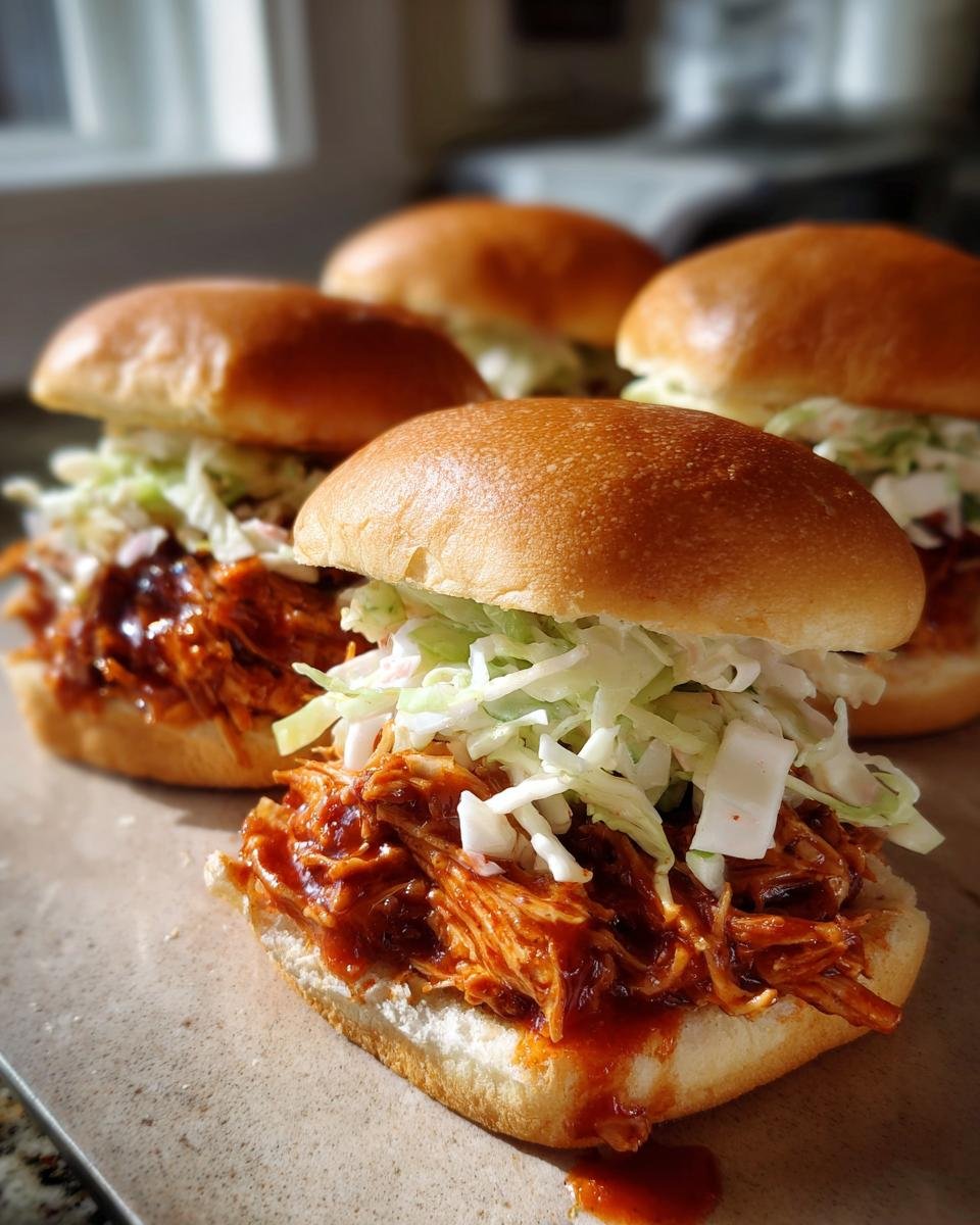 Close-up of Irresistible BBQ Chicken Sliders piled high with shredded chicken in BBQ sauce and topped with coleslaw.