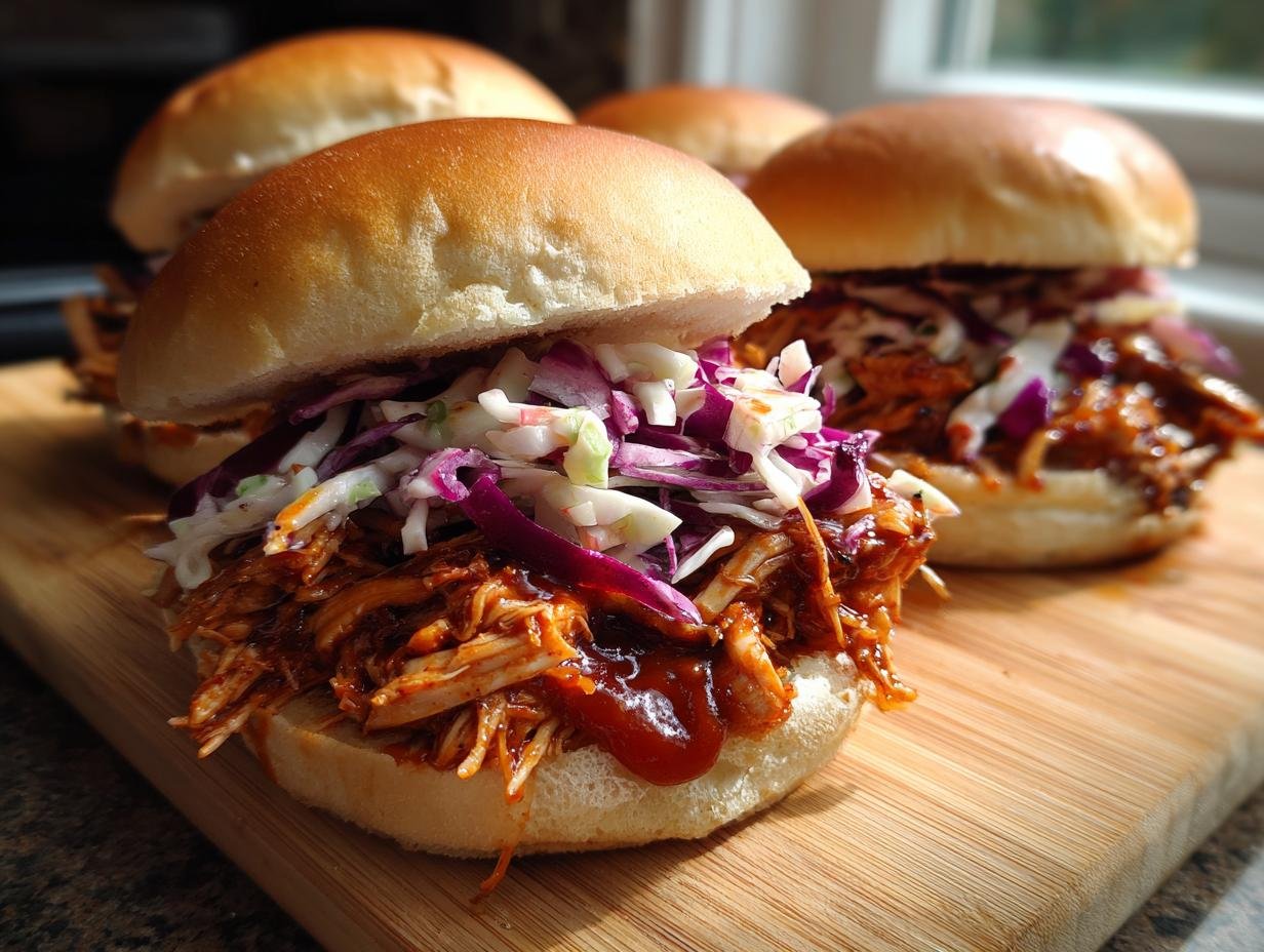 Close-up of Irresistible BBQ Chicken Sliders piled high with shredded chicken and colorful coleslaw on a wooden board.