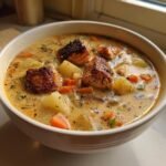 A close-up of Irresistible Blackened Salmon Chowder featuring chunks of blackened salmon, potatoes, and carrots in a creamy broth.