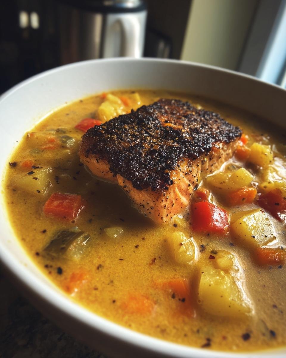 A close-up of a bowl of creamy, yellow Irresistible Blackened Salmon Chowder topped with a piece of blackened salmon.