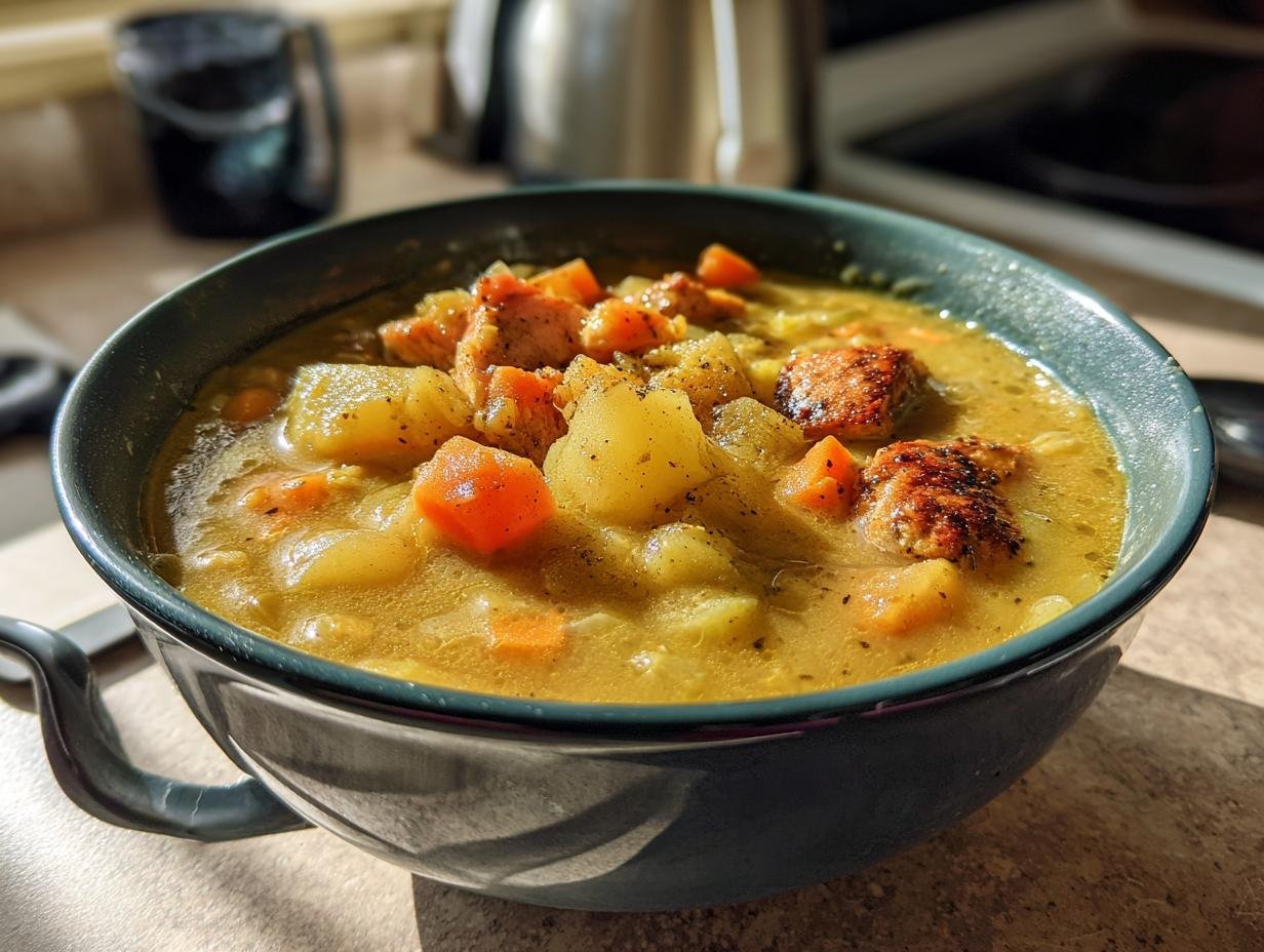 A close-up of a bowl containing Irresistible Blackened Salmon Chowder with chunks of potato, carrot, and blackened salmon pieces.