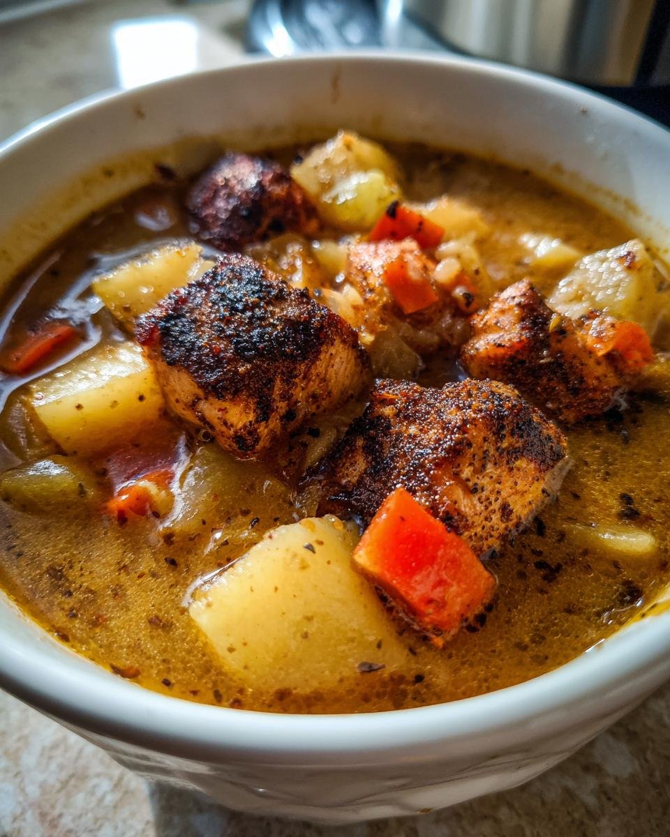 Close-up of a bowl of Irresistible Blackened Salmon Chowder featuring chunks of blackened salmon, potatoes, and carrots in a rich broth.