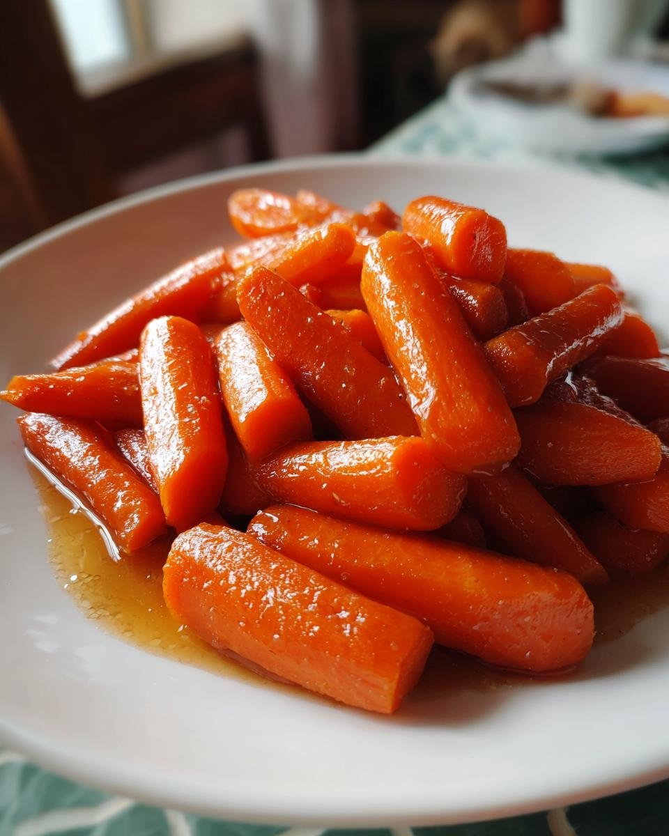 Close-up of Irresistible Brown Sugar Baked Carrots glazed in a sweet sauce on a white plate.