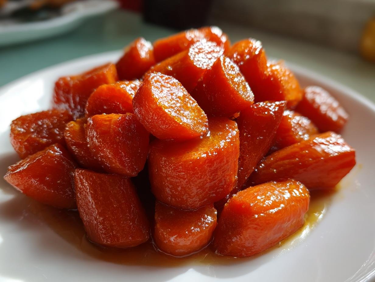 Close-up of shiny, glazed, cooked carrots coated in brown sugar sauce, part of the Irresistible Brown Sugar Baked Carrots Recipe.