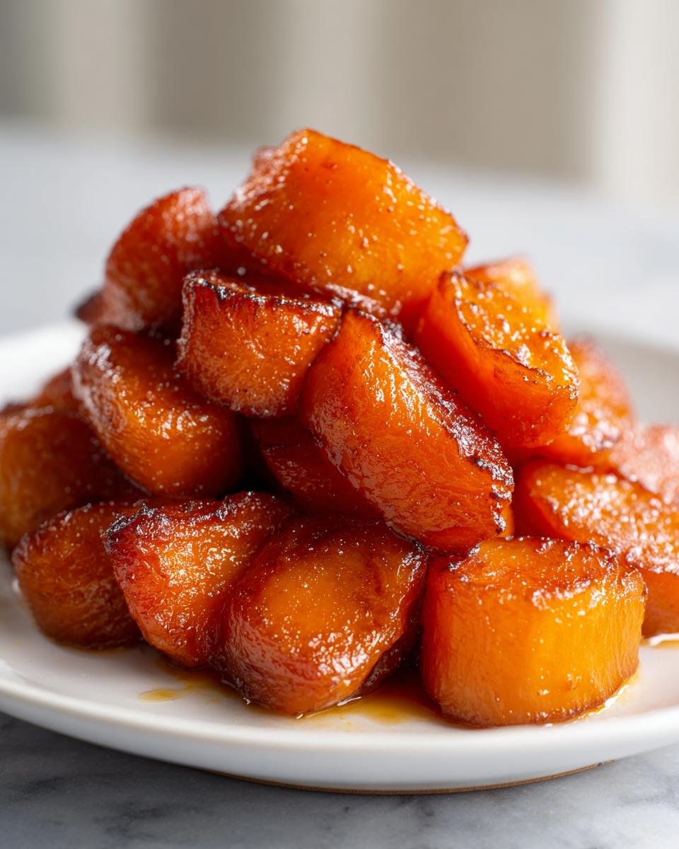 Close-up of Irresistible Brown Sugar Baked Carrots, glazed and caramelized, piled high on a white plate.