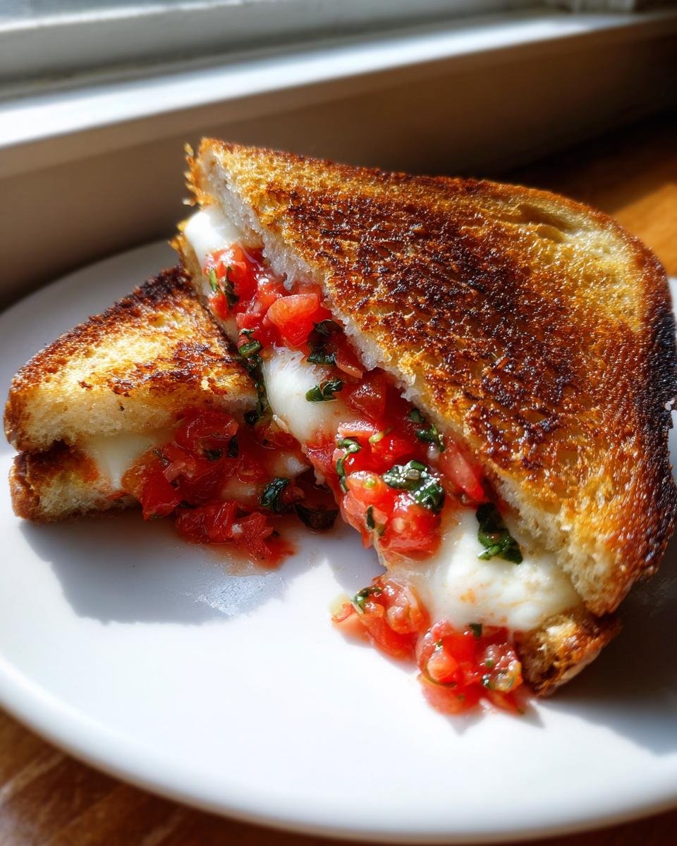 Close-up of an Irresistible Bruschetta Grilled Cheese sandwich, cut in half, showing melted cheese and tomato topping.