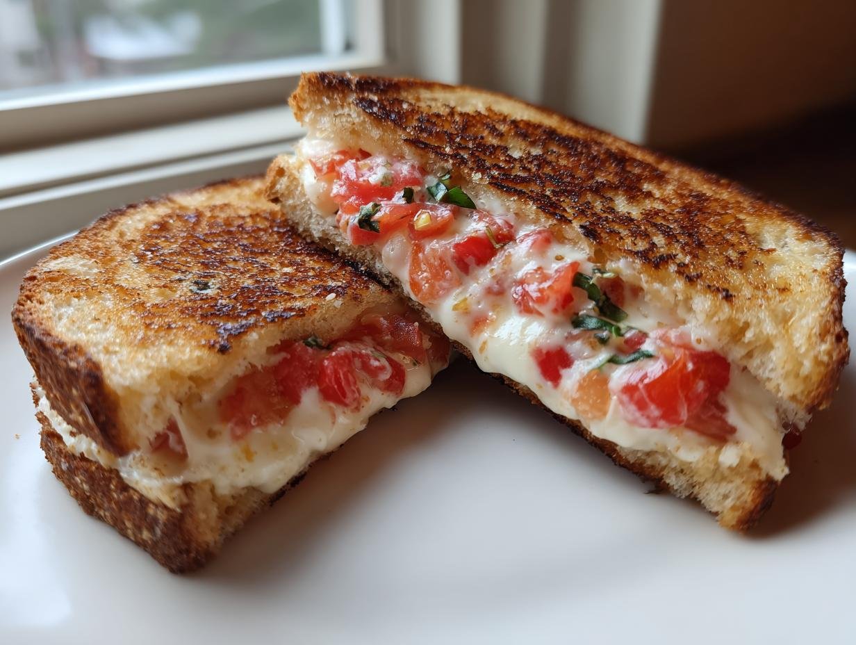 Close-up of an Irresistible Bruschetta Grilled Cheese sandwich cut diagonally, showing melted cheese and tomato filling.