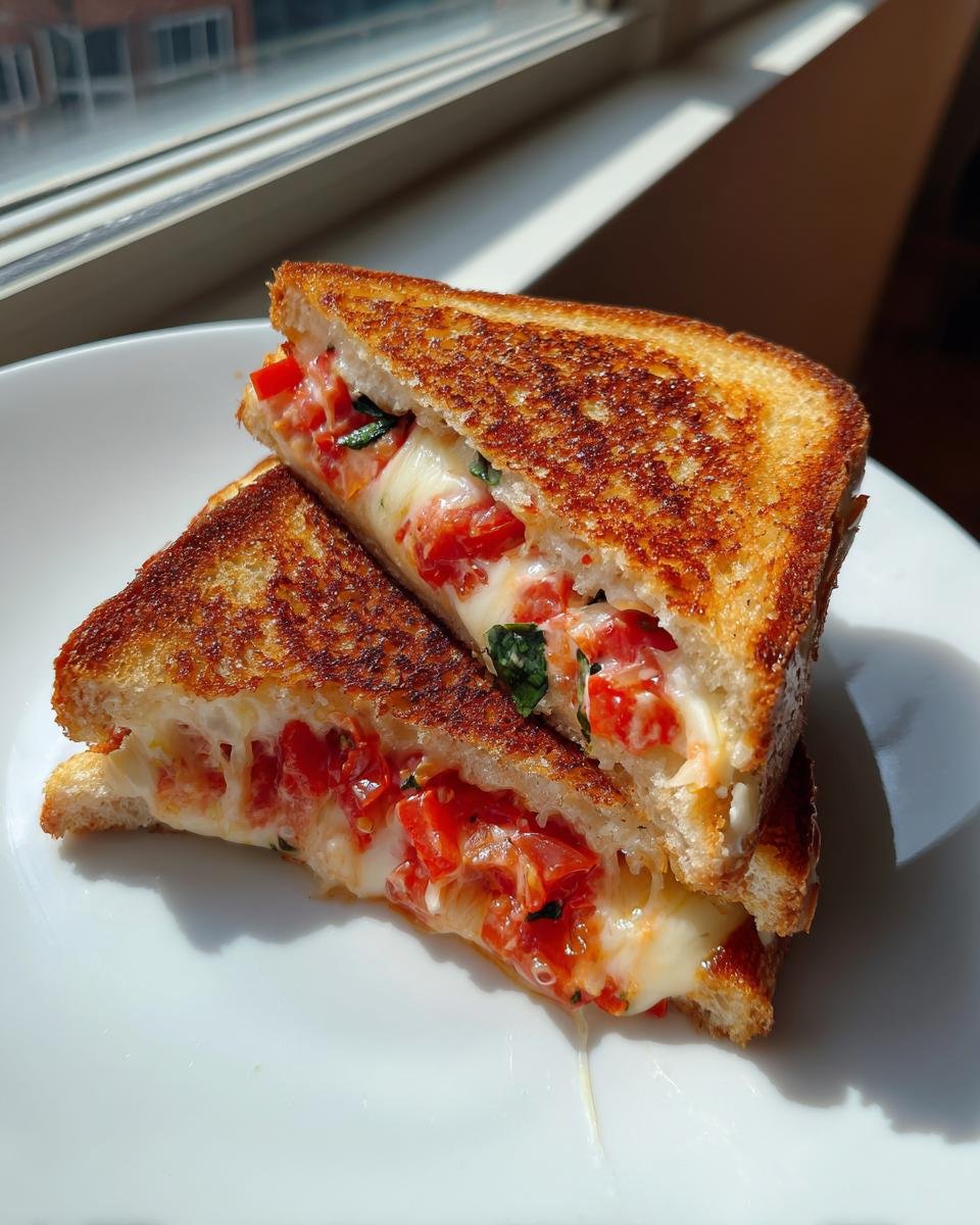 Two halves of an Irresistible Bruschetta Grilled Cheese sandwich showing melted cheese and tomato filling.