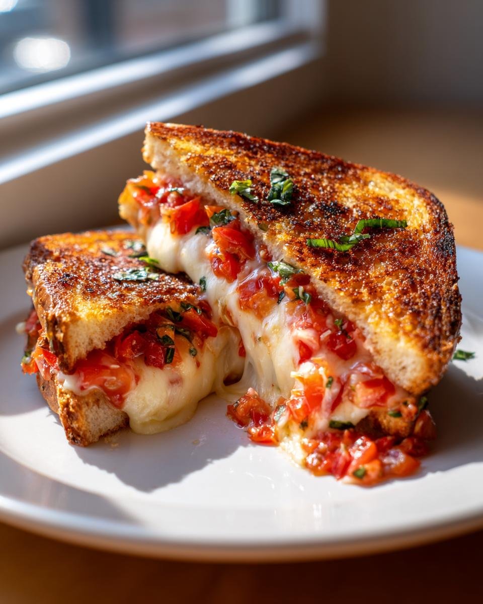 Close-up of an Irresistible Bruschetta Grilled Cheese cut in half, showing melted mozzarella cheese and tomato bruschetta filling.