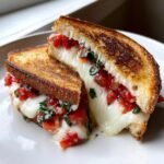 Close-up of an Irresistible Bruschetta Grilled Cheese sandwich cut in half, showing melted mozzarella and tomato-basil topping.