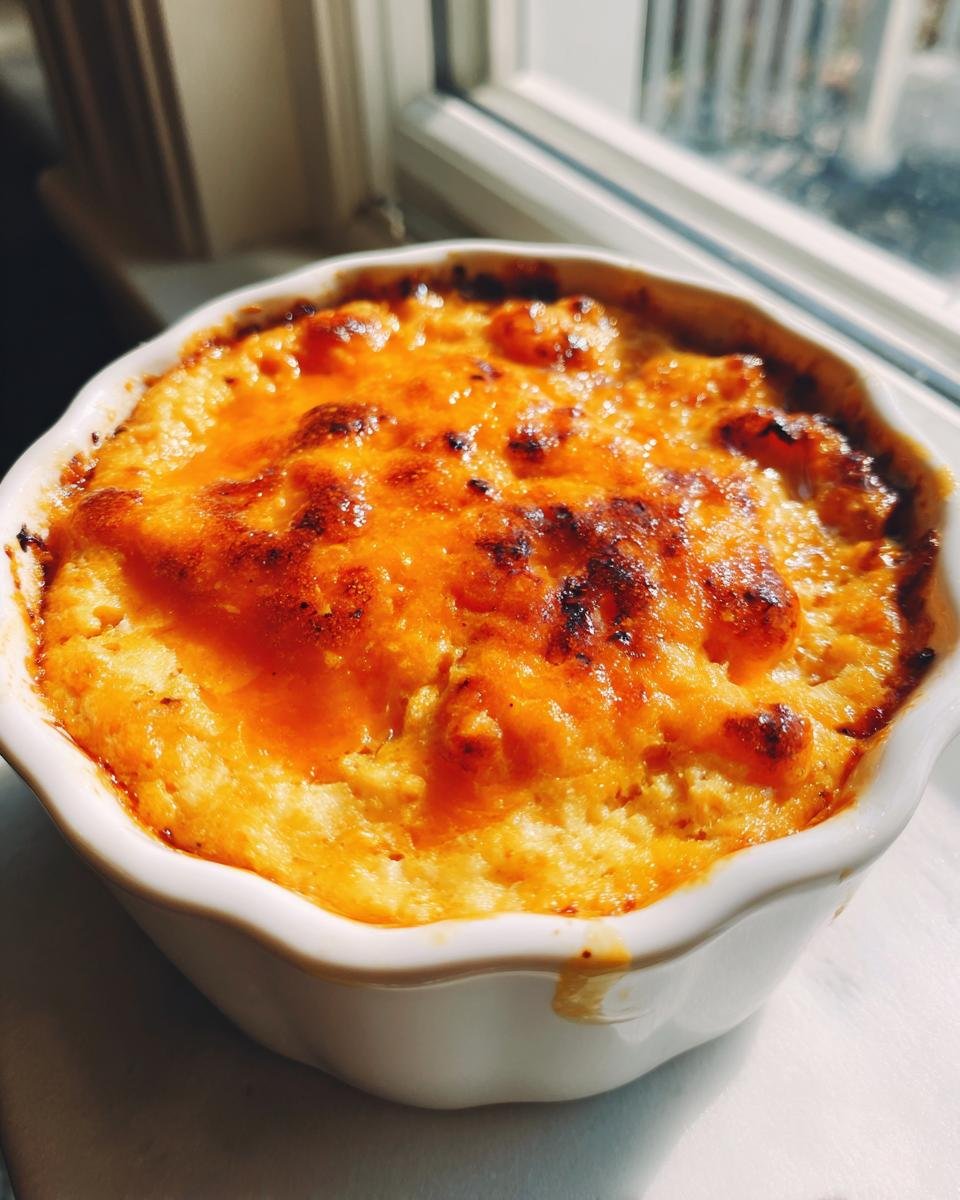 Close-up of baked, cheesy Irresistible Buffalo Chicken Dip with a golden-brown, bubbly top in a white dish.