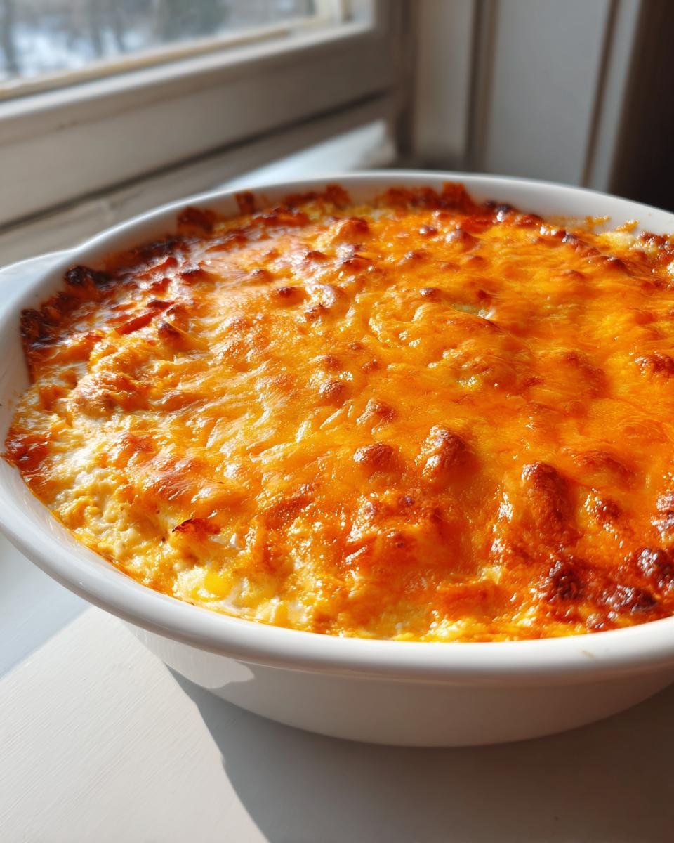 Close-up of a bubbling, baked Irresistible Buffalo Chicken Dip topped with deeply browned, melted cheddar cheese.