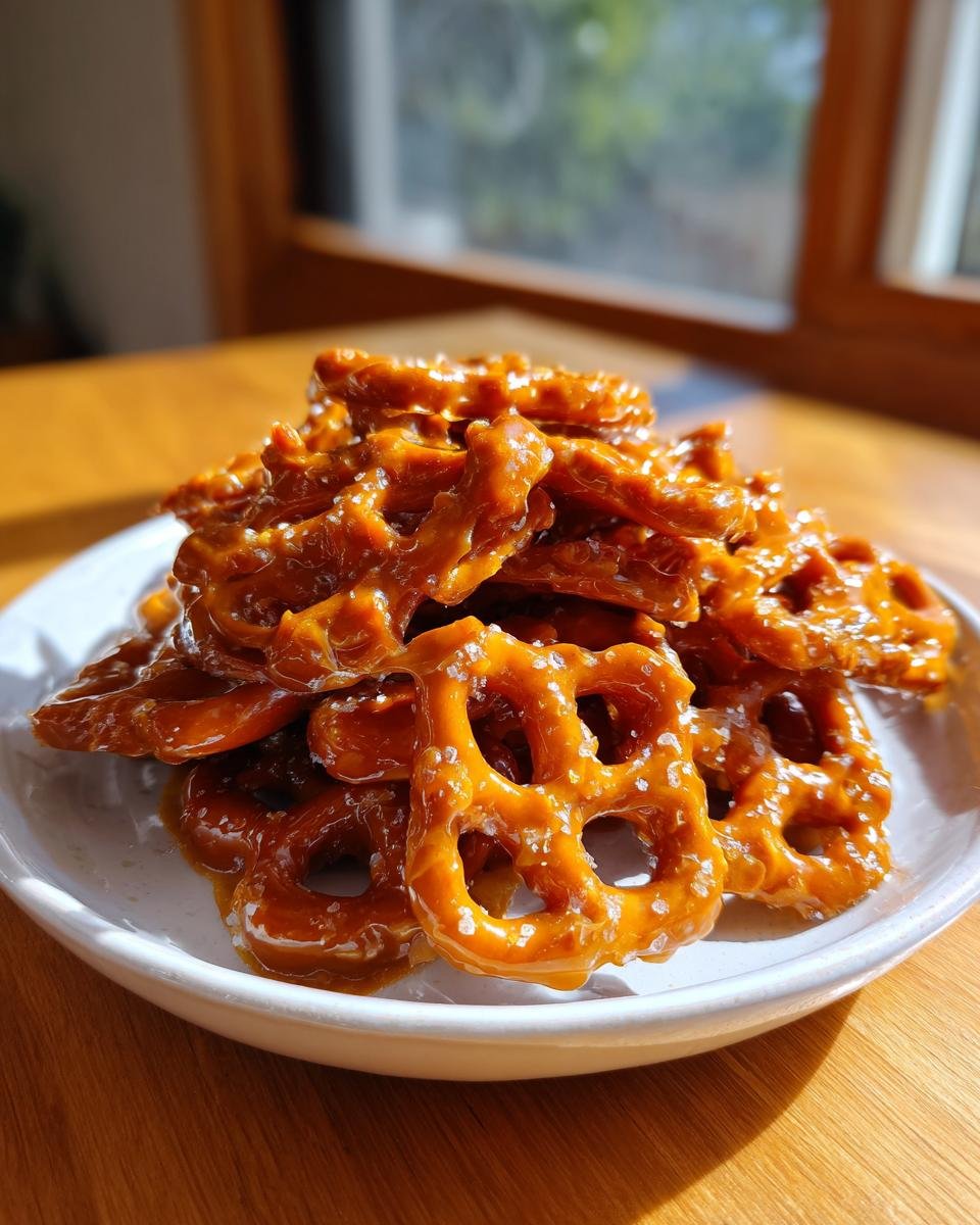 A close-up of a pile of Irresistible Butter Toffee Pretzels coated in glossy toffee and sprinkled with sea salt.