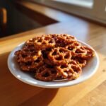 A white plate piled high with shiny, glazed Irresistible Butter Toffee Pretzels sprinkled with salt, catching the sunlight.