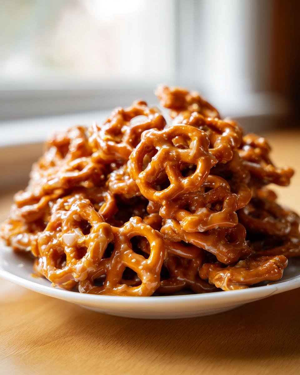 A close-up of a mound of Irresistible Butter Toffee Pretzels coated in a glossy, caramel-like glaze on a white plate.